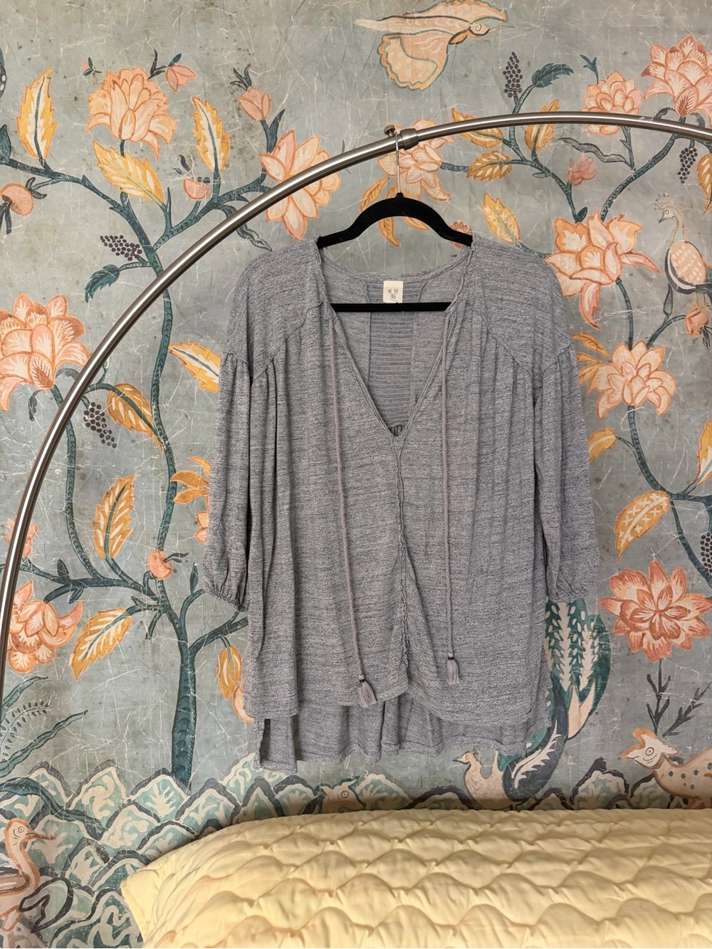 We The Free Gray Linen Blend Peasant Tunic Top Tassel Tie Boho Small